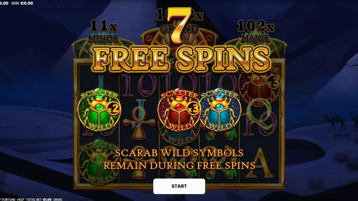 Interface do jogo 3 Scarabs of Fortune com símbolos egípcios e jackpots