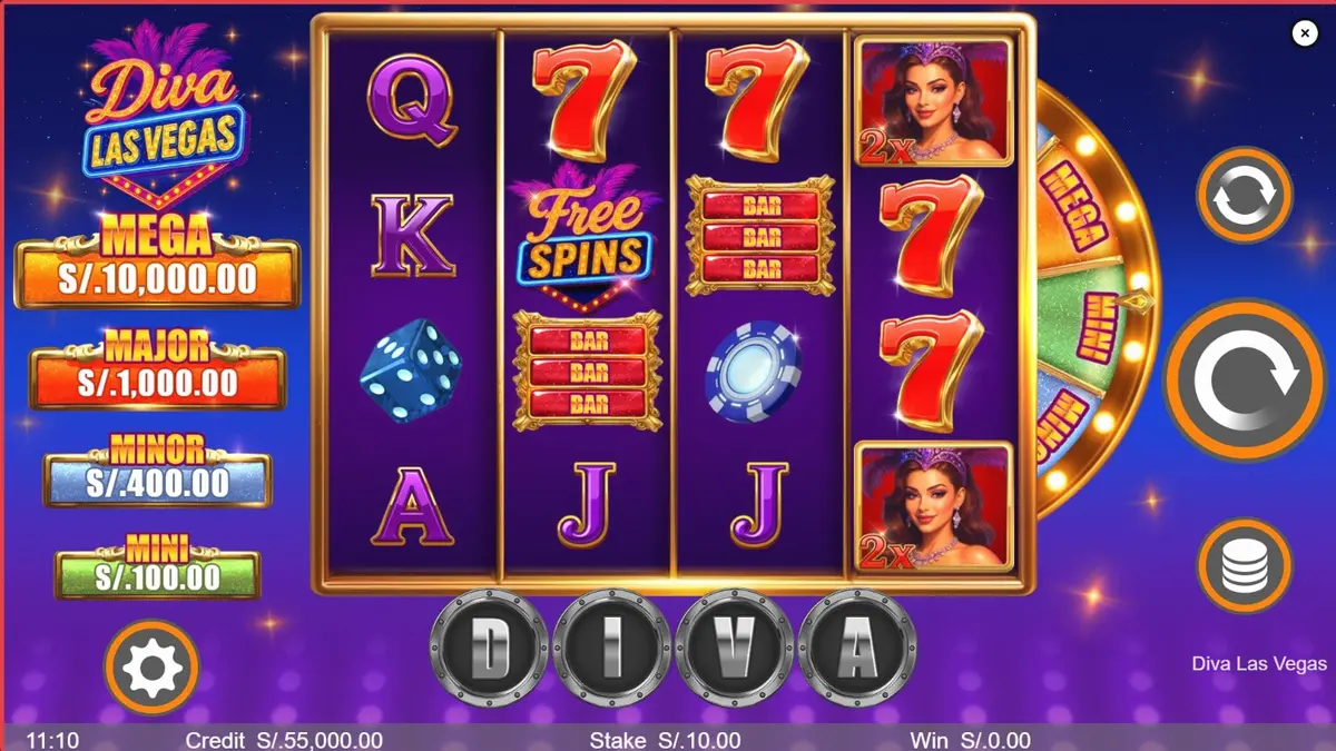 Painel do jogo Diva Las Vegas com luzes de neon e elementos de cassino
