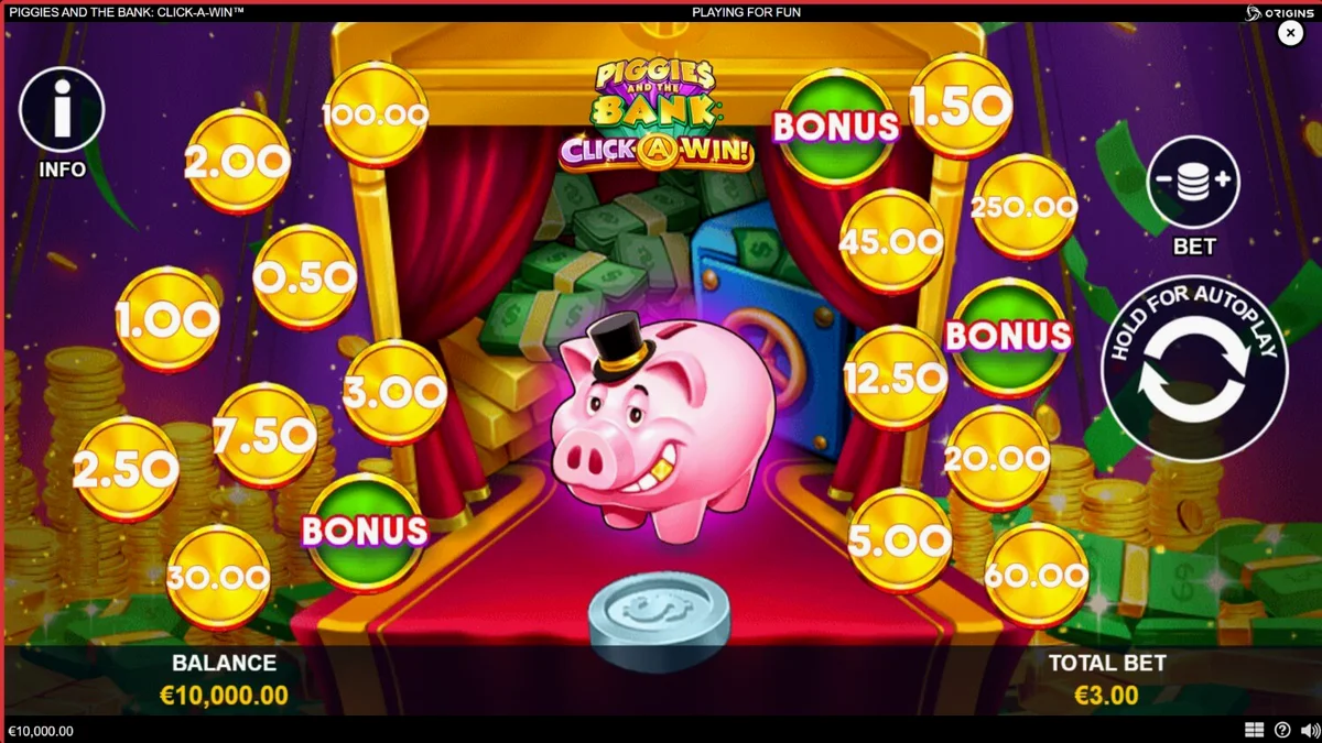 Interface do jogo móvel Piggies and the Bank: Click-A-Win
